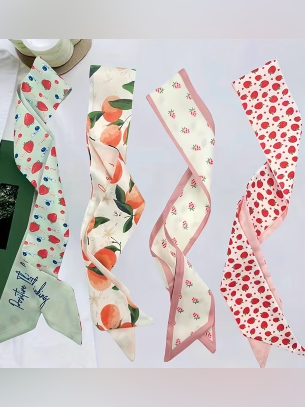 Set of 4 Fruit Twilly Scarf Bundle Cottagecore Strawberry Orange Twillies NWT - Picture 2 of 7